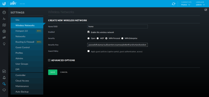 Screenshot of the filled-out form to add the first wireless network