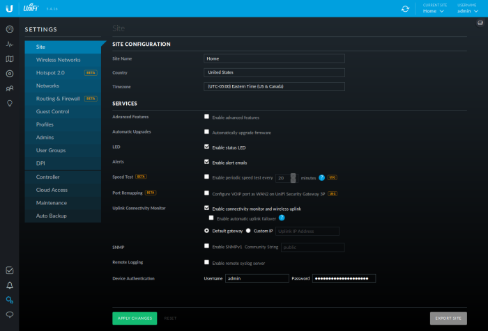 Screenshot of the Unifi Controller WUI's settings page with the password field filled-in