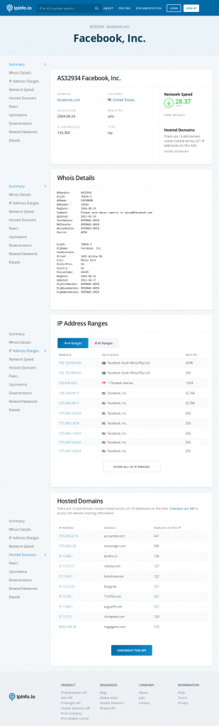 screenshot showing ip netblocks owned by Facebook, Inc