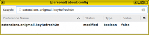 A screenshot shows Thunderbird's Advanced Config editor with the enigmail "keyRefreshOn" setting set to "false"