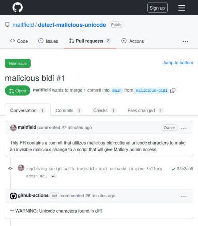 screenshot showing a comment on a PR made by "github-actions bot" indicating that the PR containts unicode characters in diff