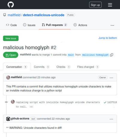 screenshot showing a comment on a PR made by "github-actions bot" indicating that the PR containts unicode characters in diff