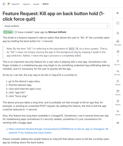 Thumbnail Screenshot of the feature request that I opened for CalyxOS