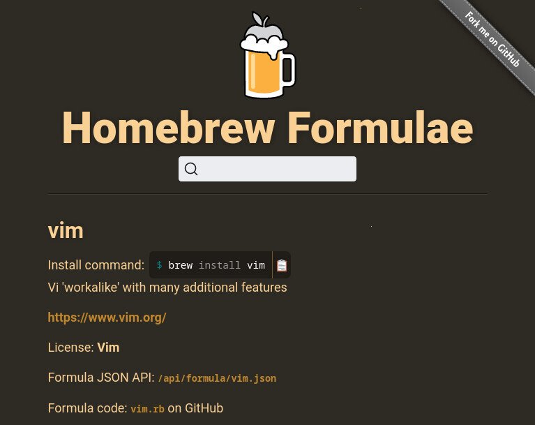 Screenshot of the Homebrew website in firefox, browsing the 'vim' package.