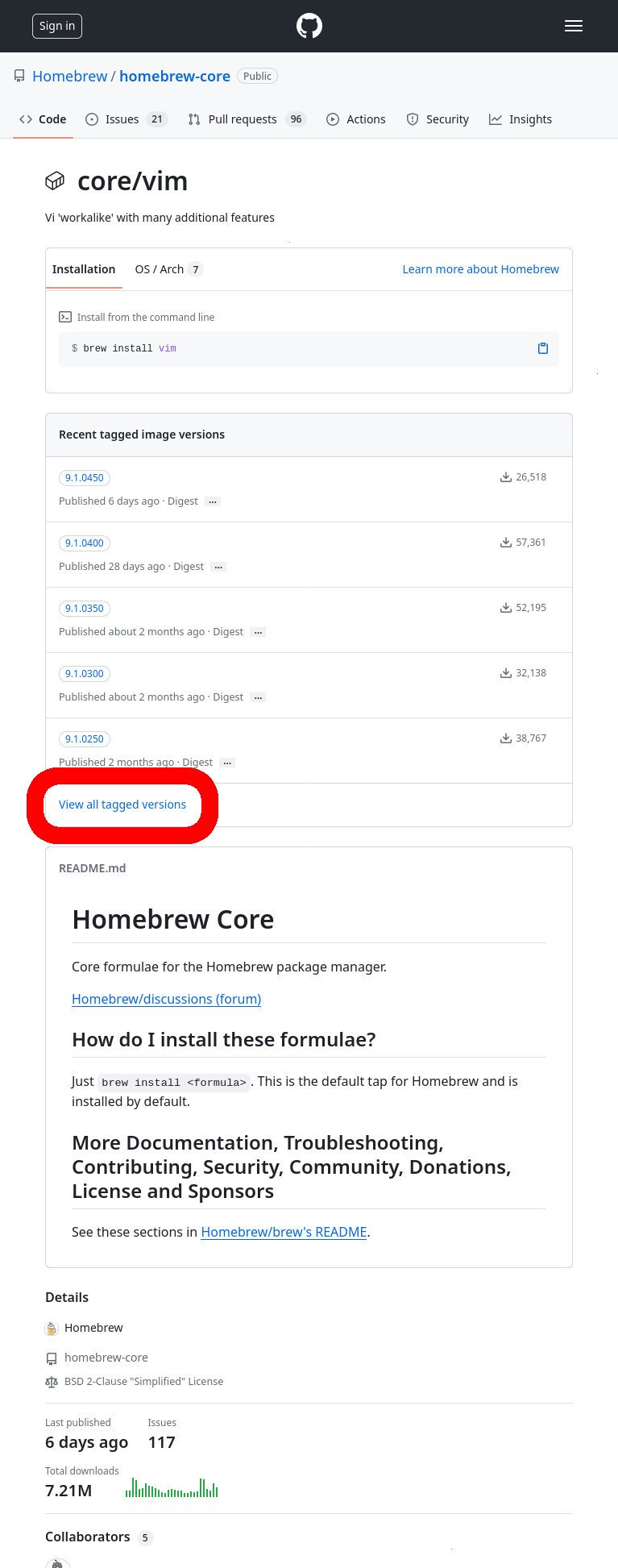 Screenshot of the GitHub WUI in firefox, browsing the 'Homebrew/homebrew-core' page in GitHub Packages for the 'core/vim' package. The "View all tagged versions" link is highlighted in red.