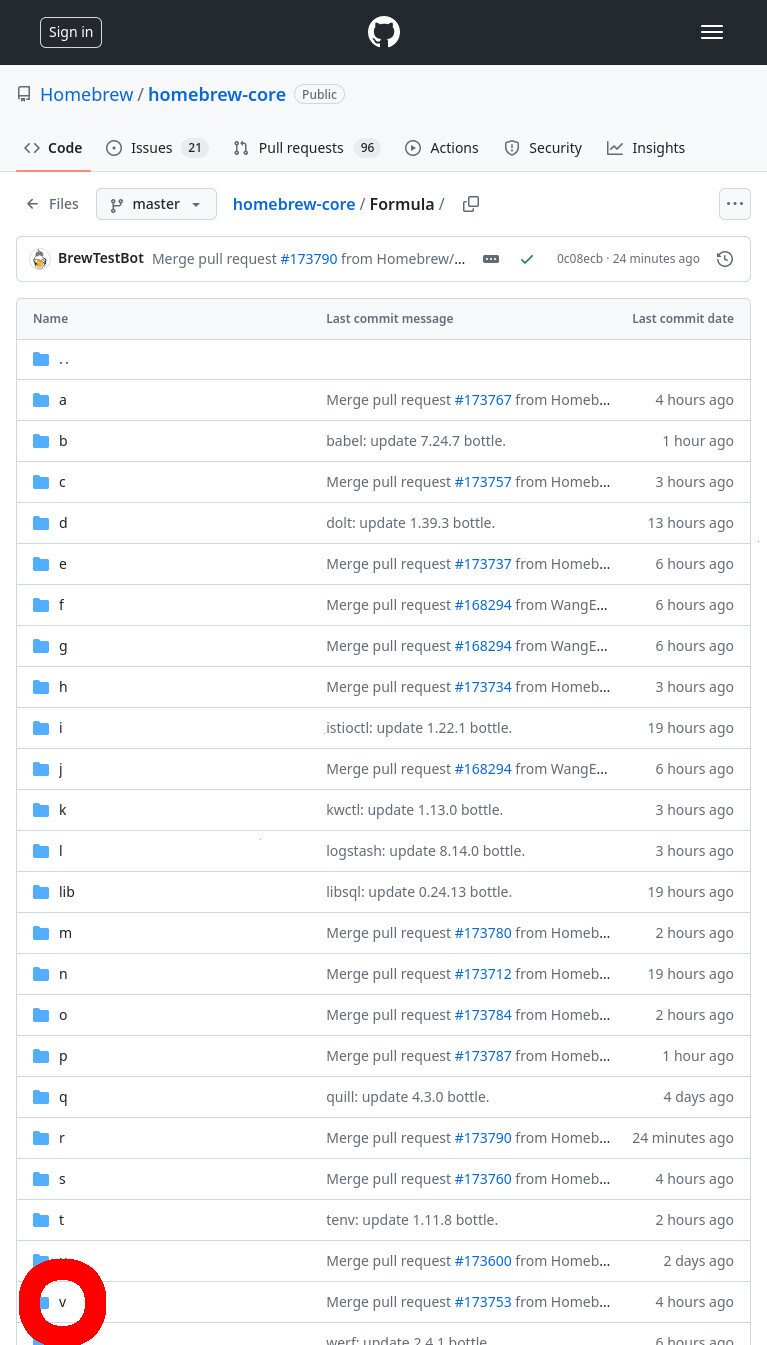 Screenshot of the GitHub WUI in firefox, browsing the "Formula/" directory of the 'Homebrew/homebrew-core' repo. A subdirectory titled "v" is highlighted in red.