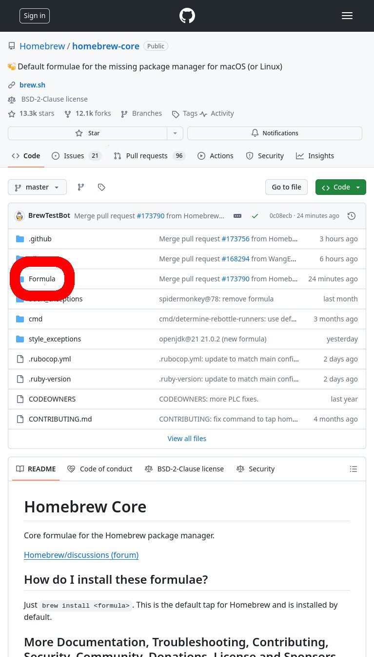 Screenshot of the GitHub WUI in firefox, browsing the 'Homebrew/homebrew-core' repo. A directory titled "Formula" is highlighted in red.