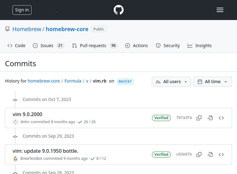 Screenshot of the GitHub WUI in firefox, showing the history of the "Formula/v/vim.rb" file of the 'Homebrew/homebrew-core' repo.