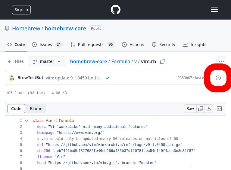 Screenshot of the GitHub WUI in firefox, viewing the contents of the "Formula/v/vim.rb" file of the 'Homebrew/homebrew-core' repo. The "history" button icon is highlighted in red.