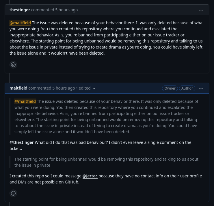 A screenshot of a comment where user "thestinger" tells user "maltfield" that he's banned