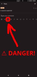 Screenshot of the jerboa app with the "media upload" icon highlighted, a red arrow pointed to it, and the text "DANGER!" under the arrow