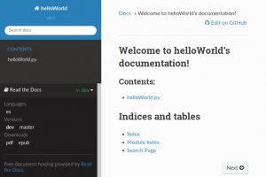 Screnshot of our helloWorld rtd documentation's lower-left menu
