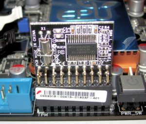 Photo of a TPM that's installed on an Asus motherboard