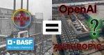 Image shows a nazi german chemical war factory on the left in black-and-white (with logos of companies Bayer and BASF overlaying it) and an image of a new AI datacenter on the right (with logos of companies OpenAI and Anthropic overlaying it). In the middle of the two industrial sites is an equal sign. On the right is a question mark.