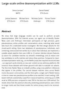 Screencapture of the abstract of a paper titled "Large-scale online deanonymization with LLMs"