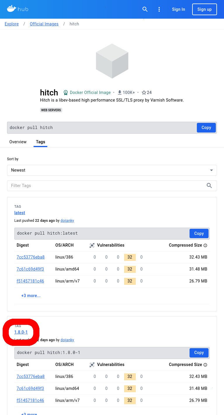 Screenshot of the Docker Hub WUI in firefox, browsing the 'hitch' package's tags. The "1.8.0-1" tag is highlighted in red.