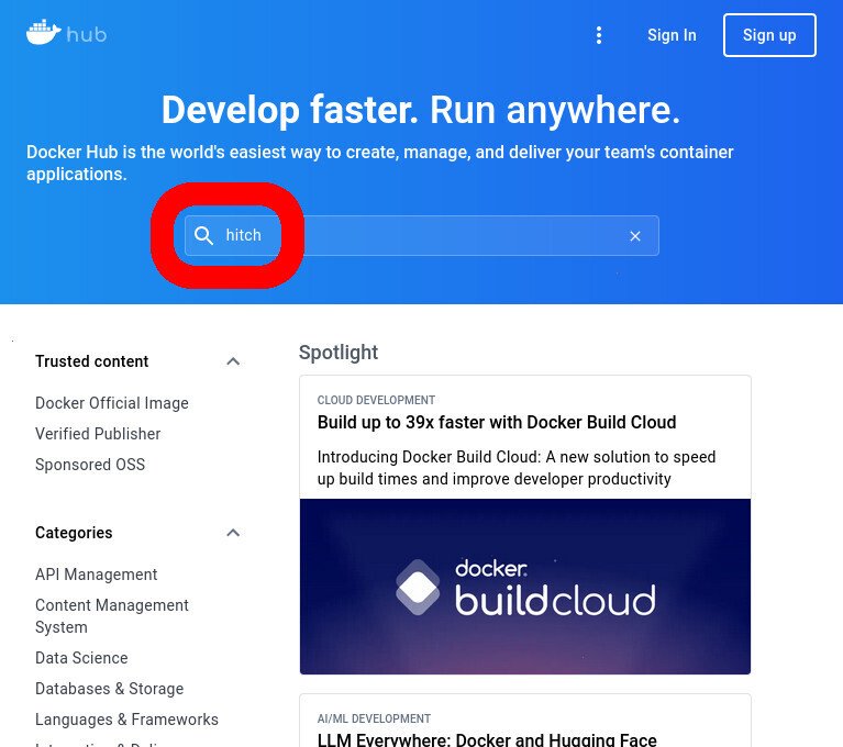 Screenshot of the Docker Hub WUI in firefox, browsing the frontpage. The search bar (populated with 'hitch') is highlighted in red.