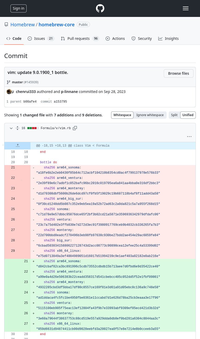 Screenshot of the GitHub WUI in firefox, browsing a diff of the 'Formula/v/vim.rb' file in the 'Homebrew/homebrew-core' repo. The diff shows a bunch of hashes being removed and a bunch of hashes being added. The hash for 'big_sur' was not re-added, however.