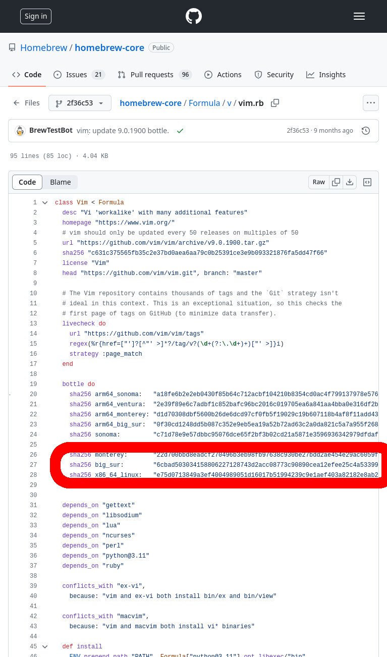 Screenshot of the GitHub WUI in firefox, browsing the contents of the 'Formula/v/vim.rb' file in the 'Homebrew/homebrew-core' repo. A line showing a sha256sum hash for "big_sur" is highlighted in red.
