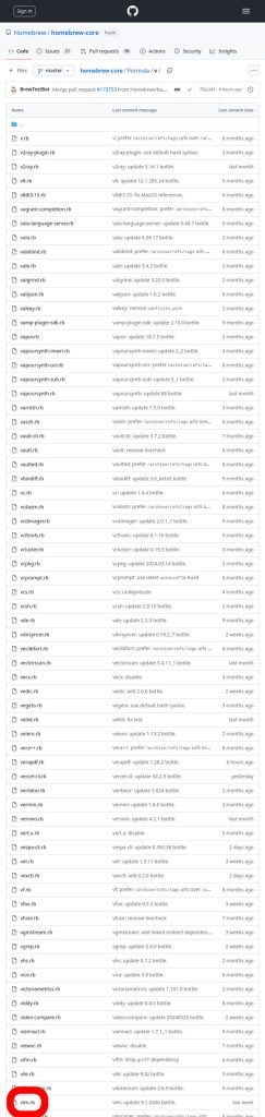 Screenshot of the GitHub WUI in firefox, browsing the "Formula/v/" directory of the 'Homebrew/homebrew-core' repo. A file titled "vim.rb" is highlighted in red.