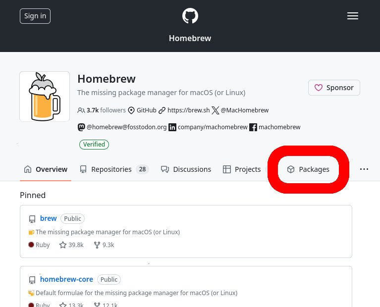 Screenshot of the GitHub WUI in firefox, browsing the "Homebrew" org's page. The "Packages" tab link is highlighted in red.