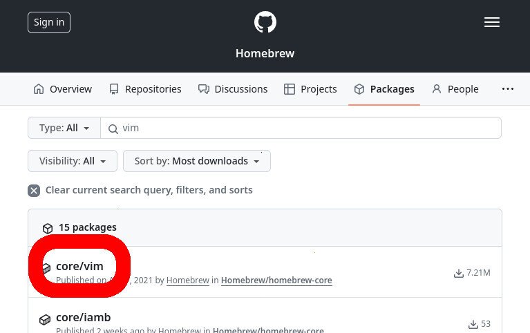 Screenshot of the GitHub WUI in firefox, browsing the search results for the "Packages" of the "Homebrew" org for the query "vim". A package titled "core/vim" is highlighted in red.