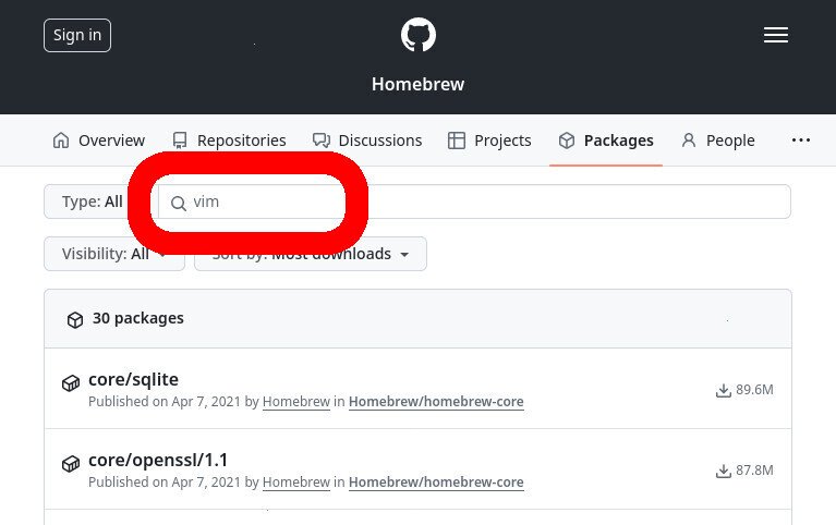Screenshot of the GitHub WUI in firefox, browsing the "Packages" of the "Homebrew" org. The searchbox (populated with 'vim') is highlighted in red.