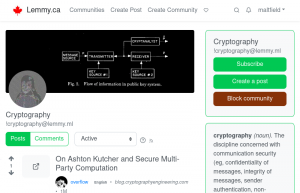 Screenshot of the lemmy.ca website showing the cryptography@lemmy.ml remote community