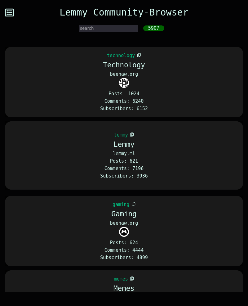 Screenshot of Feddit's "Lemmy Community-Browser" homepage with a search bar at the top and listings for the most popular Lemmy Communiites below (technology, lemmy, gaming, memes)