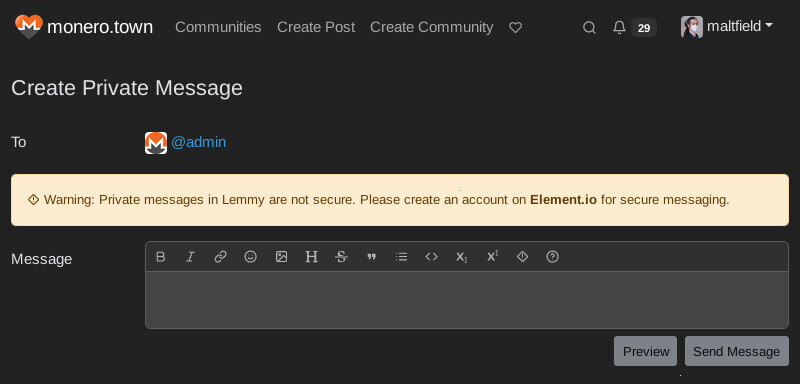 Screenshot of a Lemmy "/create_private_message" page that says "Warning: Private messages in Lemmy are not secure. Please create an account on Element.io for secure messaging."