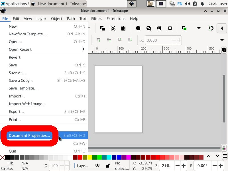 Screenshot of the inkscape application with "Document Properties" in the File Menu highlighted