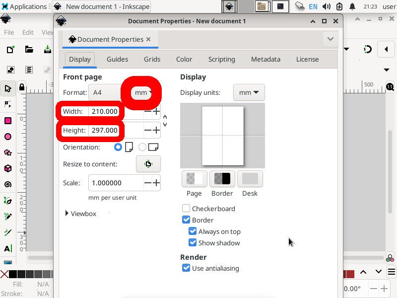 Screenshot of the inkscape application showing the "Document Properties" windows with "Format: mm" and "Width: 210.000" and "Height: 297.000" fields highlighted