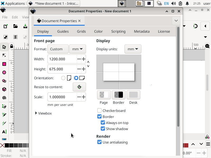 Screenshot of the inkscape application showing the "Document Properties" window with "Width" set to "1200.000 mm" and "Height" set to "675.000 mm"