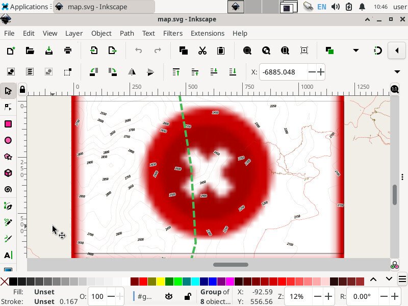 Screenshot of the inkscape application showing a topographic map with a big red "X" displayed over it