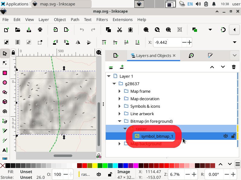 Screenshot of the inkscape application showing the "Layers and Objects" tab and a layer tree "Bitmap (in foreground)" expanded and a raster layer named "symbol_bitmap_1" is highlighted