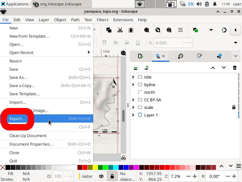 Screenshot of the inkscape application showing the "File" menu expanded and the "Export..." option highlighted