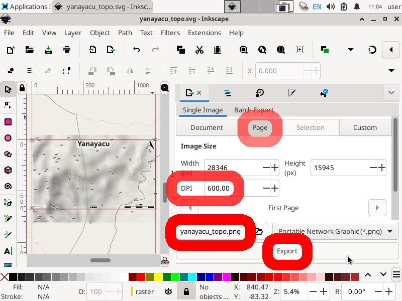 Screenshot of the inkscape application showing the "Export" tab with "Page" and "DPI: 600" highlighted. The filename input field is set to "yanayacu_topo.png" and the "Export" button is also highlighted.