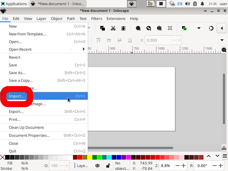 Screenshot of the inkscape application showing the "File" menu expanded and the "Import" option is highlighted