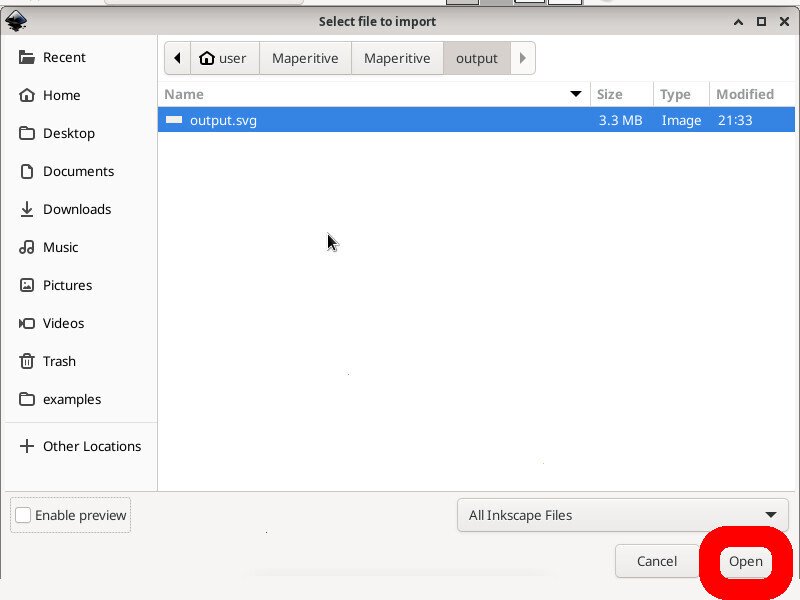 Screenshot of the inkscape application showing the "Select file to import" window. A file named "output.svg" is selected, and the "Open" button is highlighted.