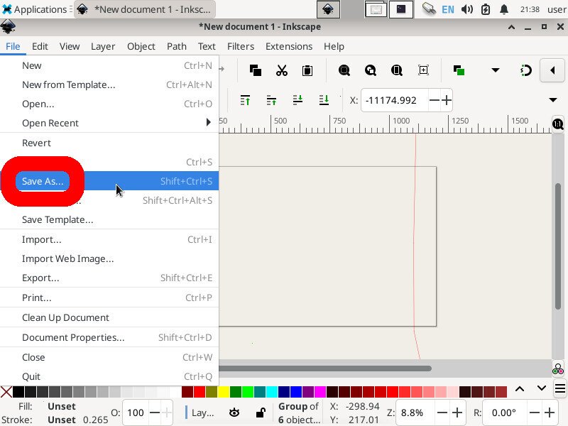 Screenshot of the inkscape application showing the "File" menu expanded, with the "Save As..." option highlighted.