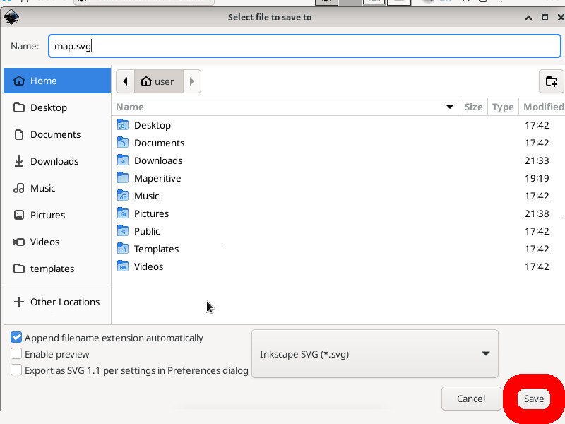 Screenshot of the inkscape application showing a window titled "Select file to save to". The "Name" input field value is "map.svg", and the "Save" button is highlighted.