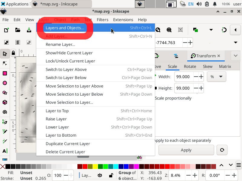 Screenshot of the inkscape application showing the "Layer" menu expanded with the "Layers and Objects..." option highlighted