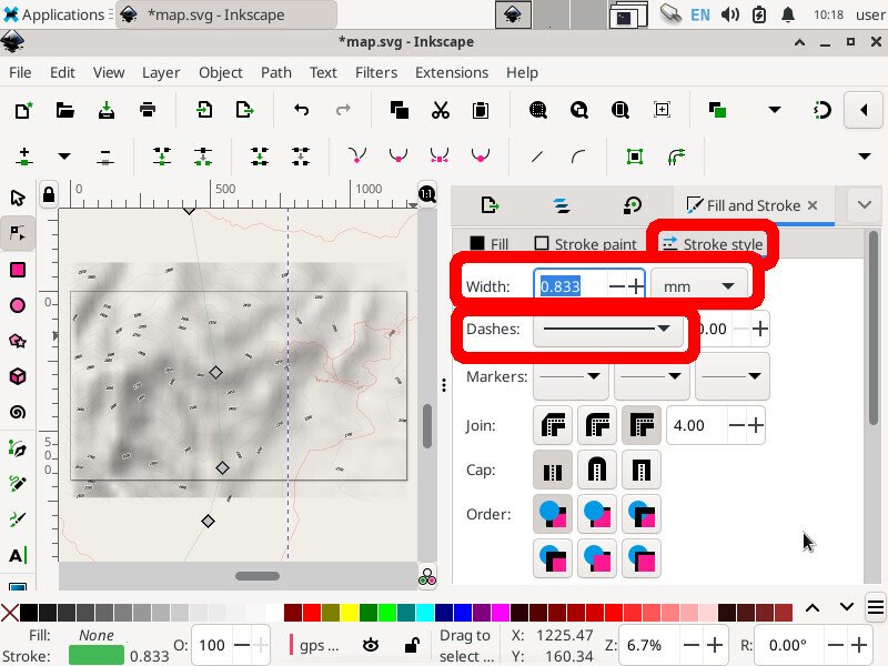 Screenshot of the inkscape application showing the "Fill and Stroke" tab with a sub-tab named "Stroke style" highlighted. Below "Width: 0.833 mm" and "Dashes -------" are highlighted.