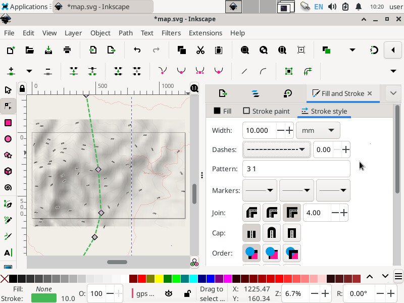 Screenshot of the inkscape application showing the "Fill and Stroke" tab and sub-tab "Stroke style". Below "Width" is set to "10.000 mm" and "Dashes" are set to "- - - - - - -". A long vertical line on the page to the left shows a very thick, dashed, green line.