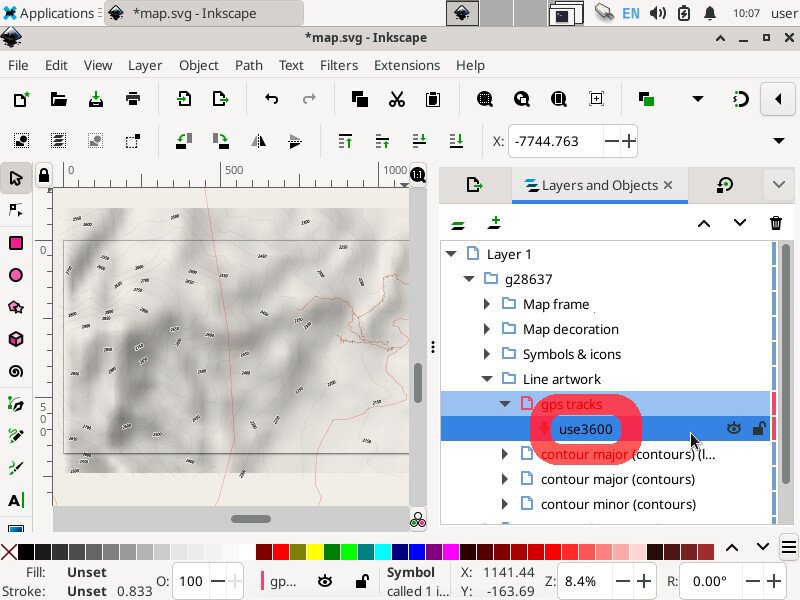 Screenshot of the inkscape application showing the "Layers and Objects" tab with a group named "Layer artwork" expanded, and a layer named "use3600" highlighted.