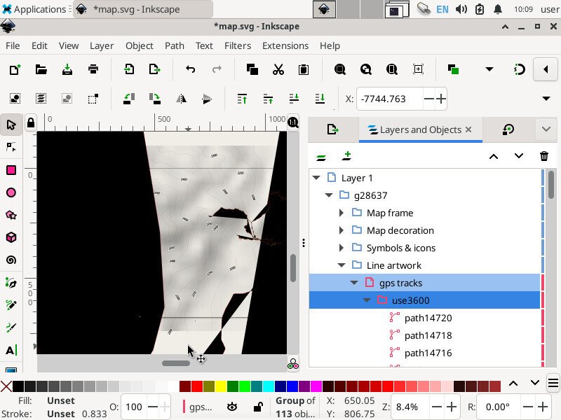 Screenshot of the inkscape application showing the "Layers and Objects" tab with a group named "Layer artwork" expanded, and a group named "use3600" selected, with several "path" layers inside it, running down off the screen.