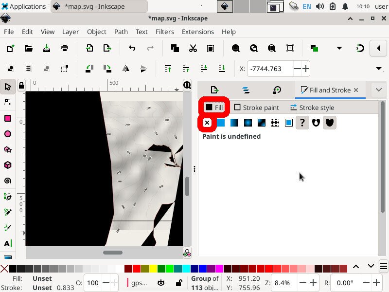 Screenshot of the inkscape application showing the "Fill and Stroke" tab with a sub-tab named "Fill" highlighted and a button with an "X" over it highlighted. Half of the visible graphics have a big black fill covering the page.