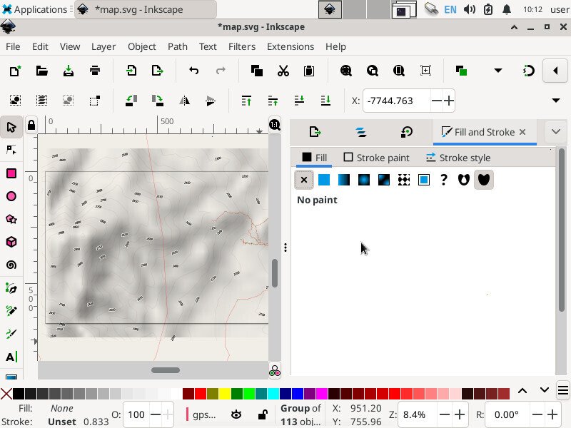 Screenshot of the inkscape application showing the "Fill and Stroke" tab with the "X" button depressed, and the text "No paint" below it. The big black fill covering half the page is now absent.