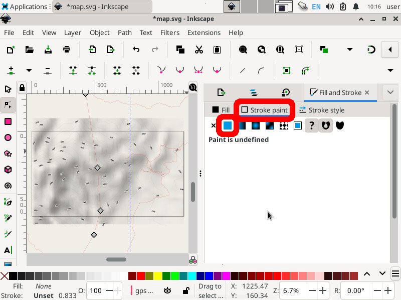 Screenshot of the inkscape application showing the "Fill and Stroke" tab with a sub-tab named "Stroke paint" highlighted and a solid blue button highlighted. Text below the row of buttons says "Paint is undefined".