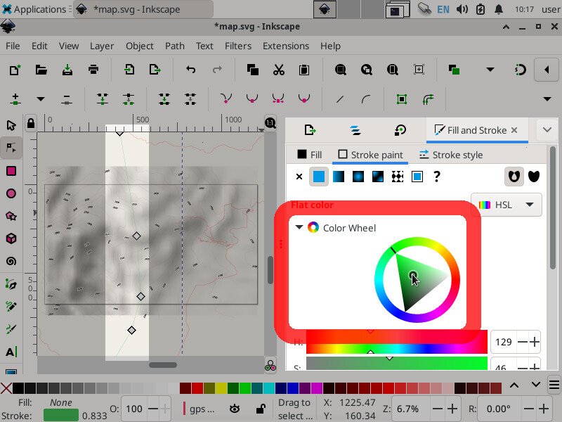 Screenshot of the inkscape application showing the "Fill and Stroke" tab and sub-tab "Stroke paint". The solid blue button is depressed, and a color wheel below is highlighted. The mouse cursor is hovering over a "green" color on the color wheel, and a long vertical line on the page to the left is green.